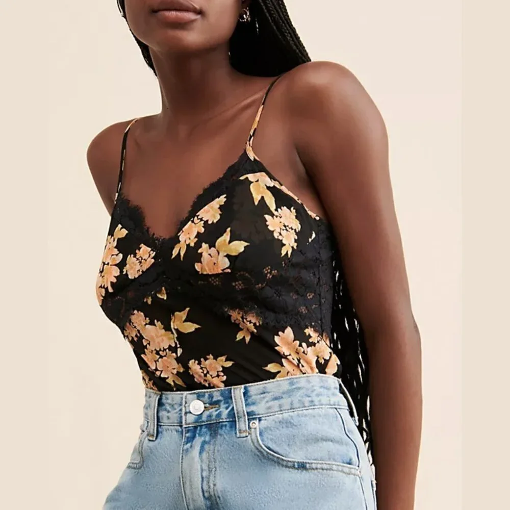NWT Intimately Free People Monday Morning Floral Bodysuit in Antique Black Combo